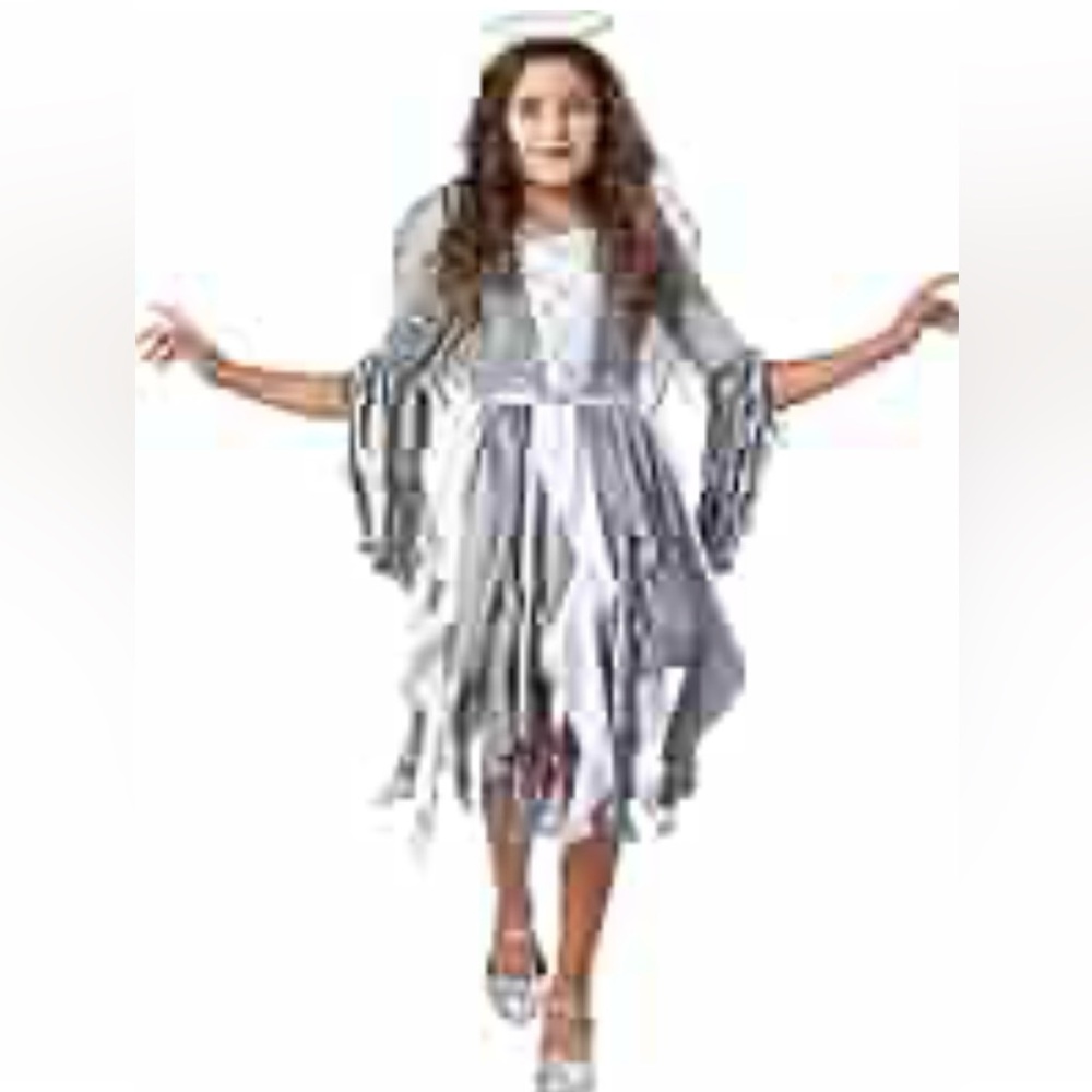 White and Gray Halloween Fallen Angel Costume, with Halo and Wings.